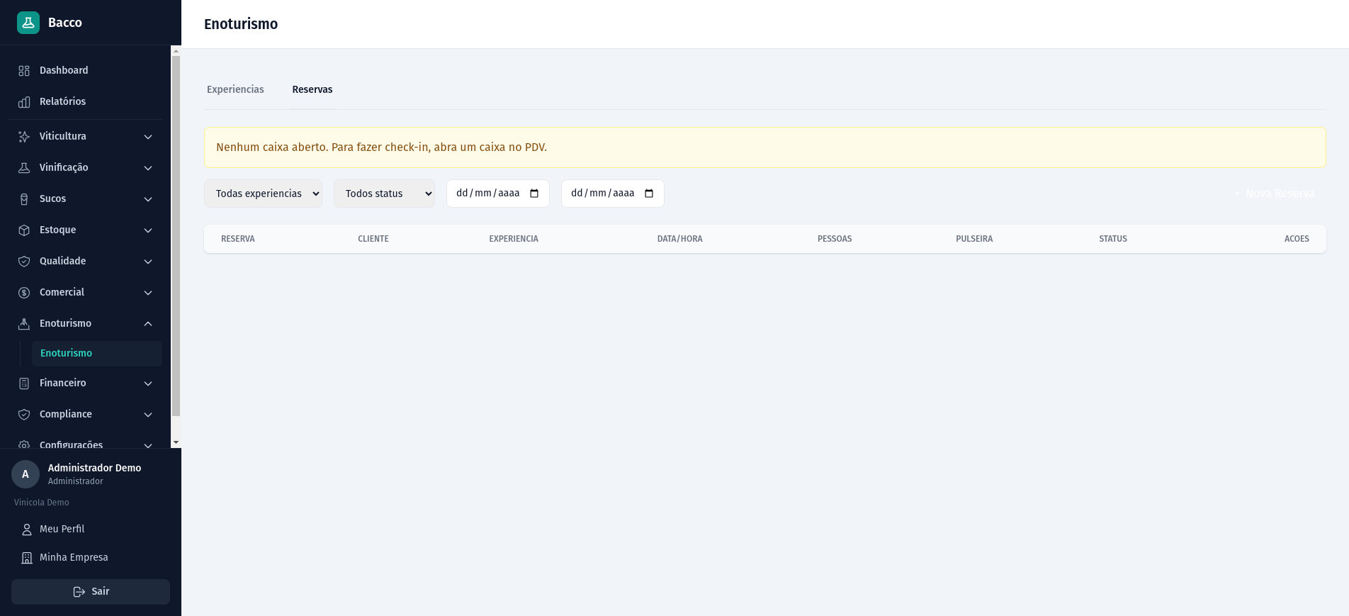 Sistema de reservas de enoturismo do Bacco ERP