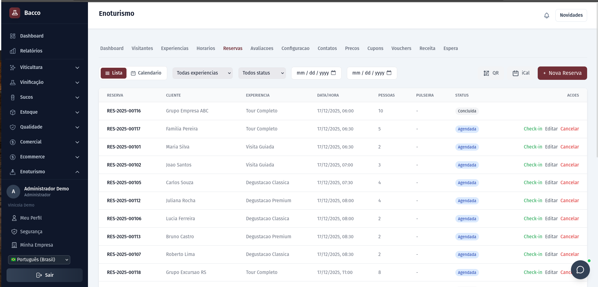 Sistema de reservas de enoturismo do Bacco ERP